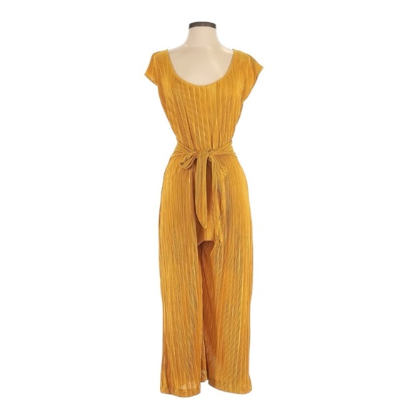 Maeve by Anthropologie Sonata Pleated Wide-Leg Jumpsuit Gold Tie Waist 4 NWT - Picture 1 of 8